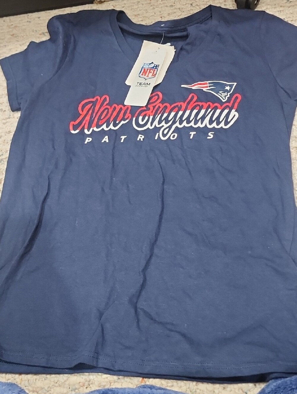 NFL New England Patriots Navy Short Sleeve Tee with Red & White Script